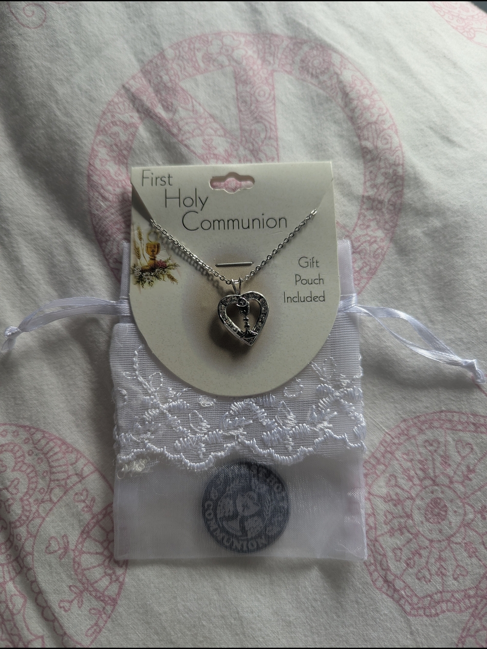 First Holy Communion Silver Heart Necklace with Coin & Gift Pouch